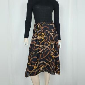 Lauren Ralph Lauren Silk A-line Skirt Sz 2 Black Brown Equestrian Horsebit Print